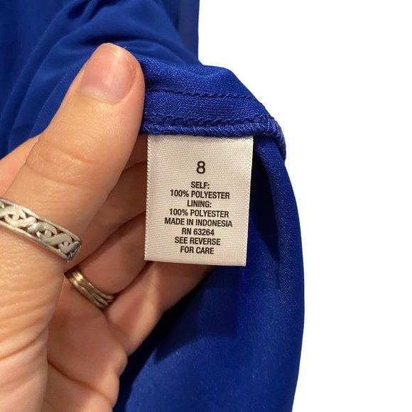 Roz and Ali size 8 blue sleeveless Vneck dress with buttons and sheer overlay - Picture 9 of 9